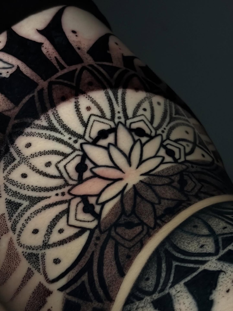 Detailed mandala dotwork tattoo at Yes Electric