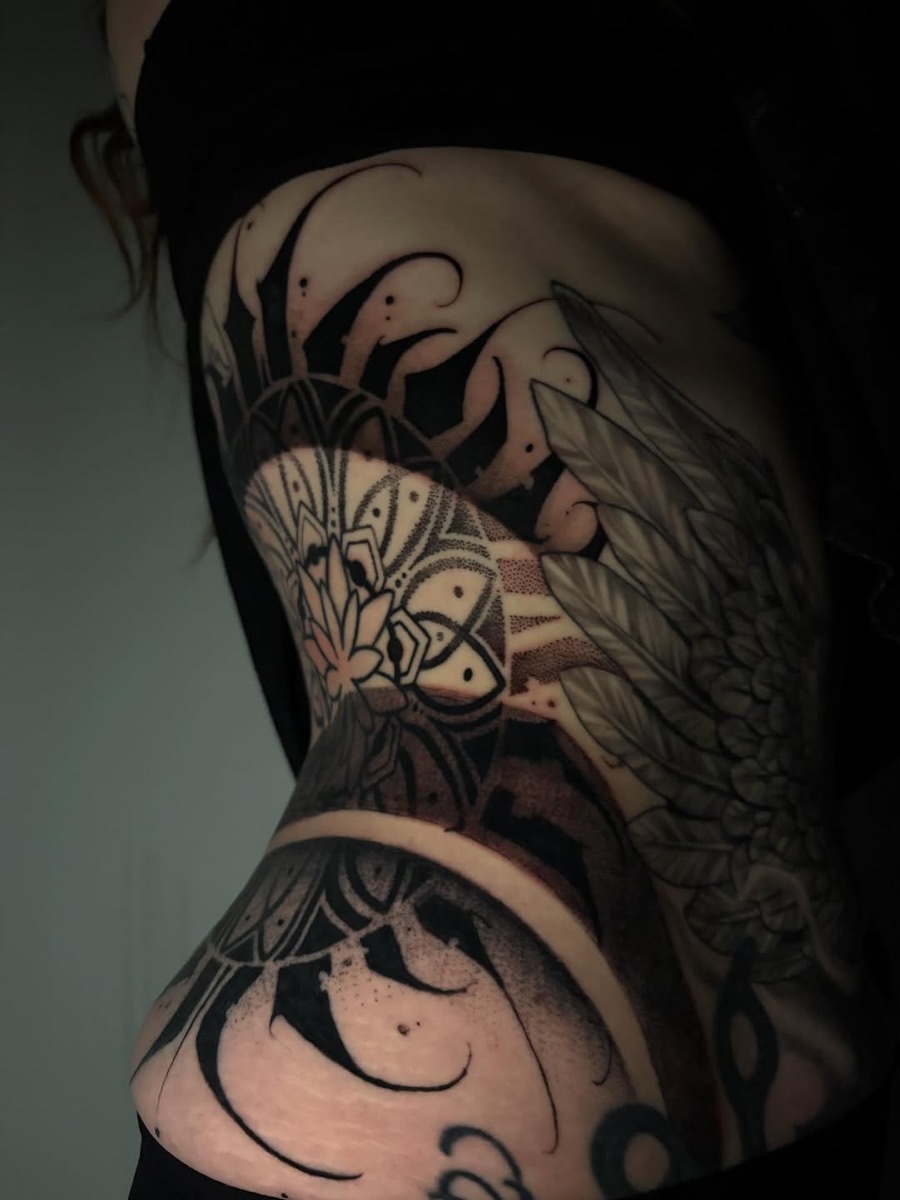 Mandala and floral black and grey tattoo, Toronto