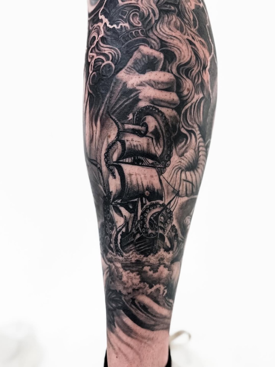 Black and grey realism leg sleeve, Queen West Toronto