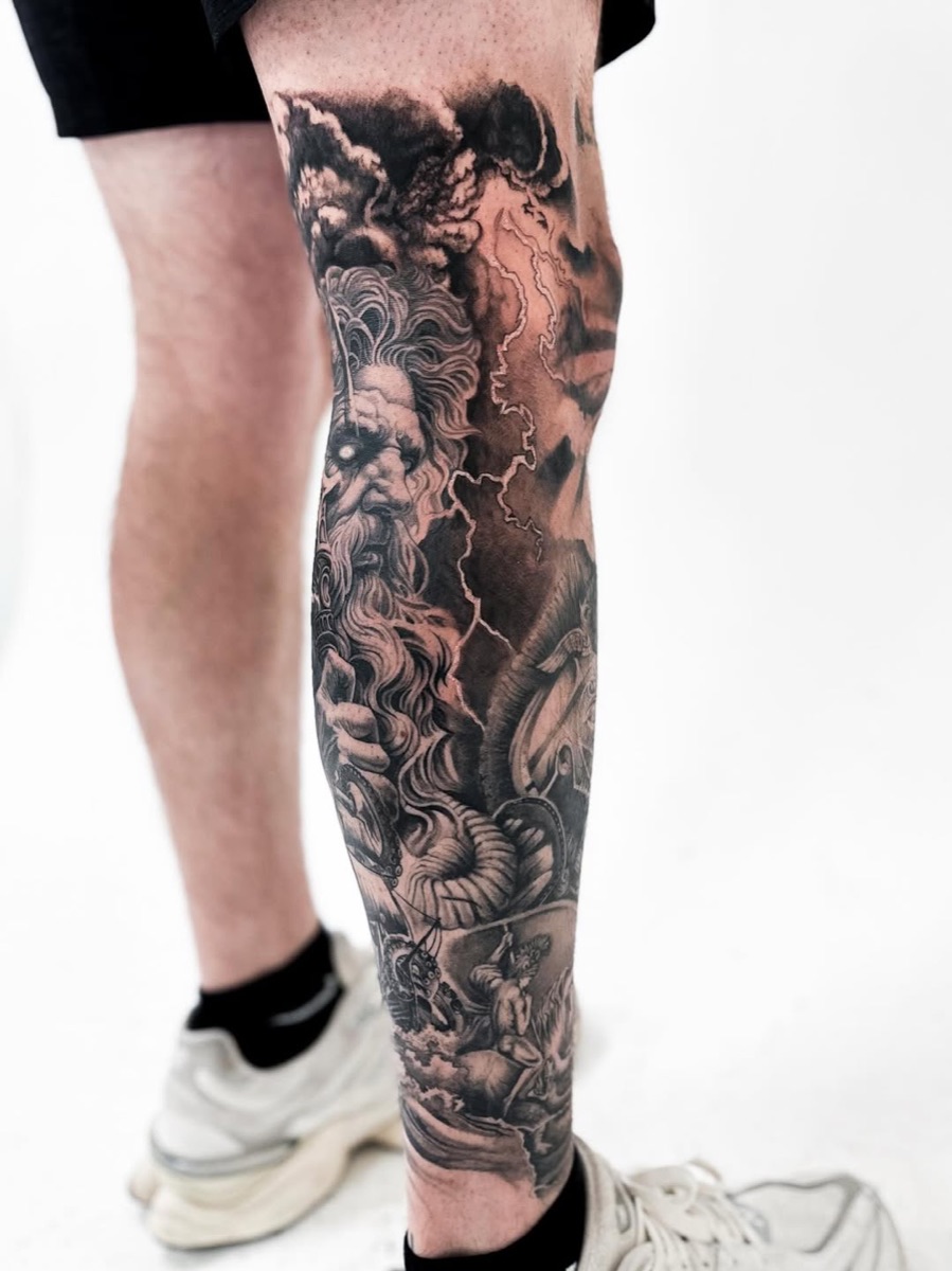 Colour realism leg sleeve tattoo, Toronto