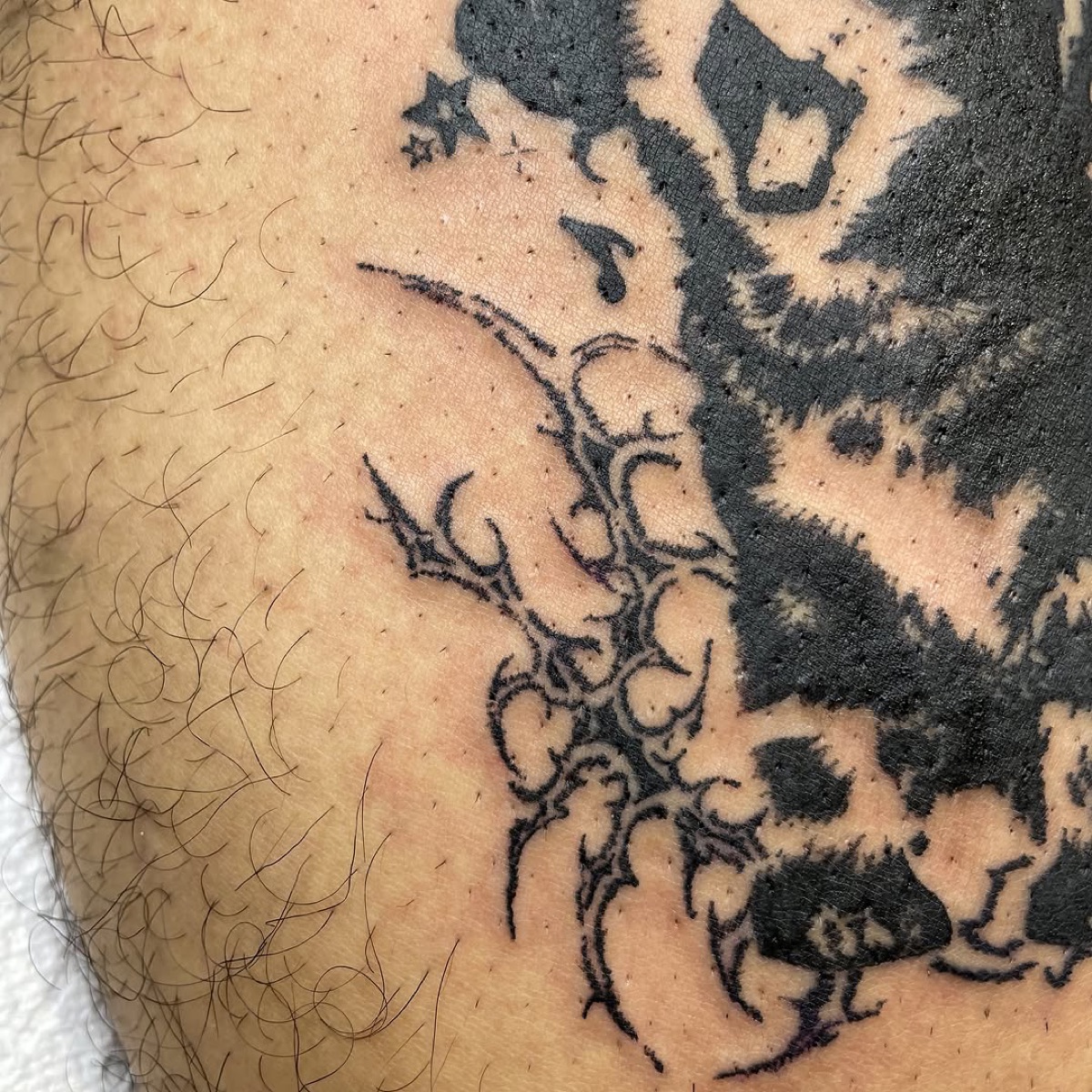 Blackwork scorpion tattoo, Queen West Toronto