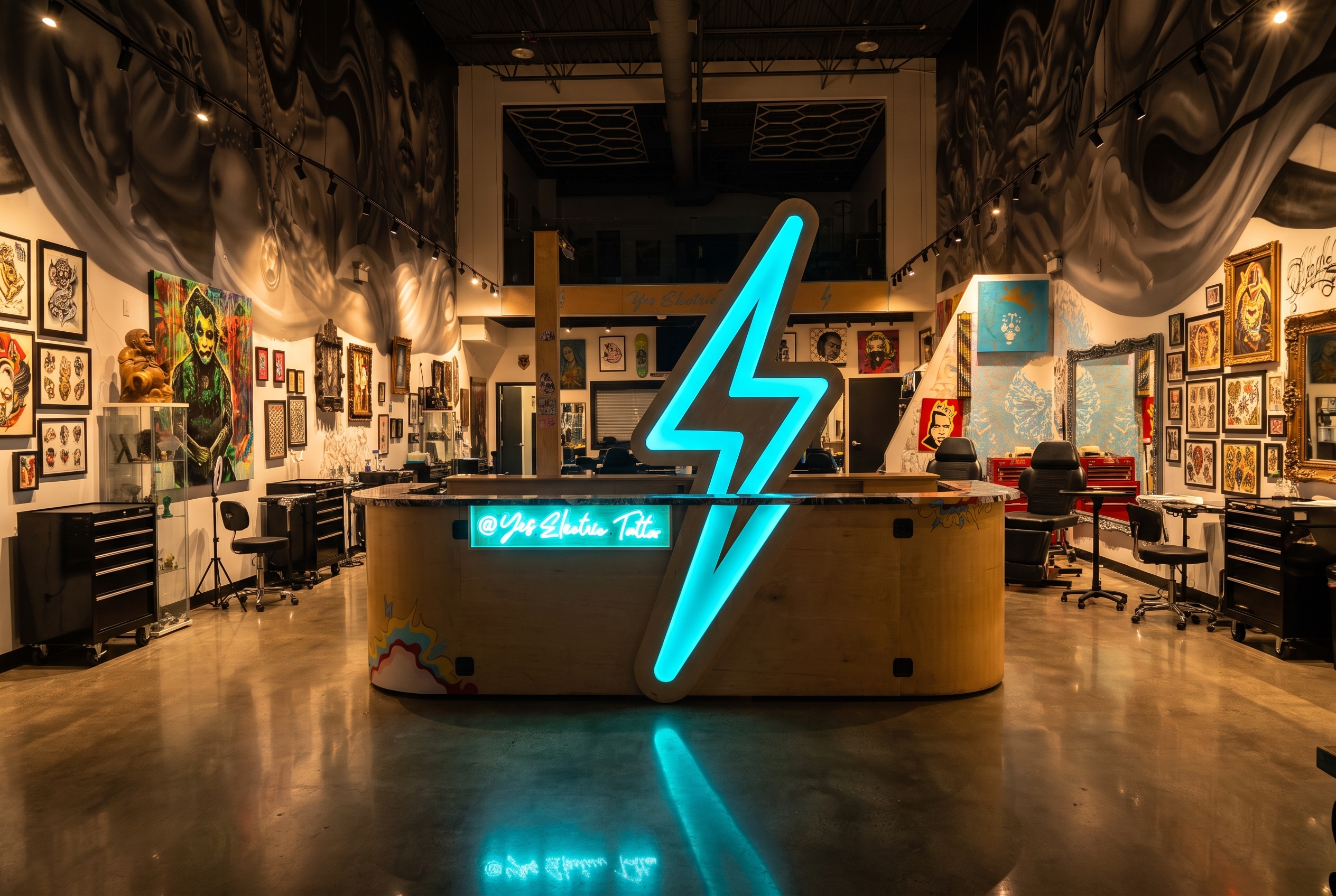 The main floor of Yes Electric Tattoo lit with cyan accents