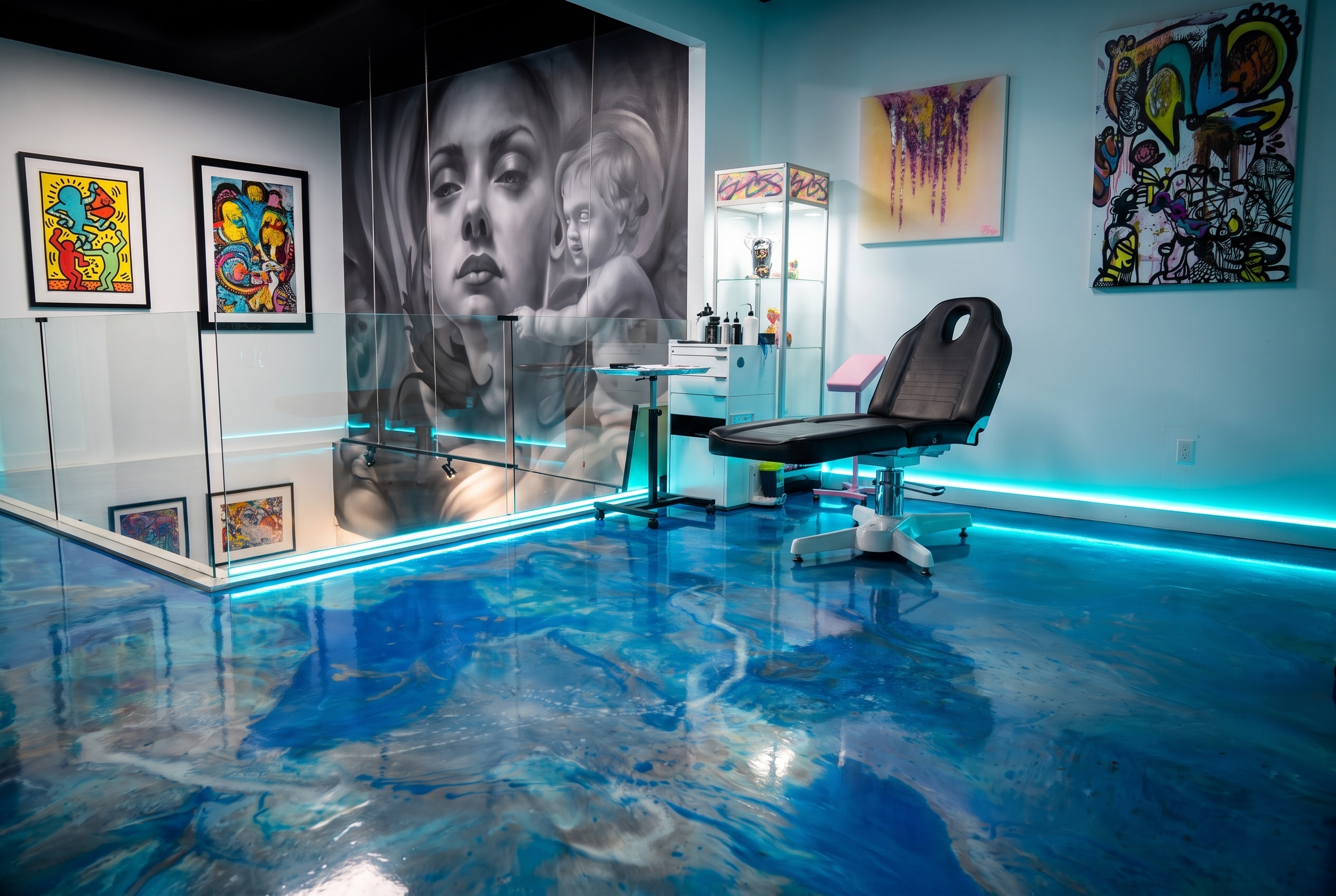 Inside Yes Electric Tattoo — blue resin floor, mural wall and tattoo station