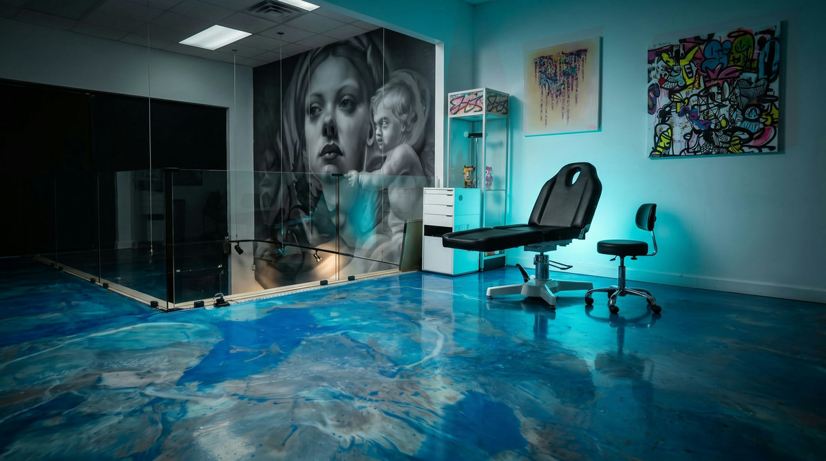 Private tattoo room with glossy blue epoxy floor and Renaissance mural at Yes Electric Toronto